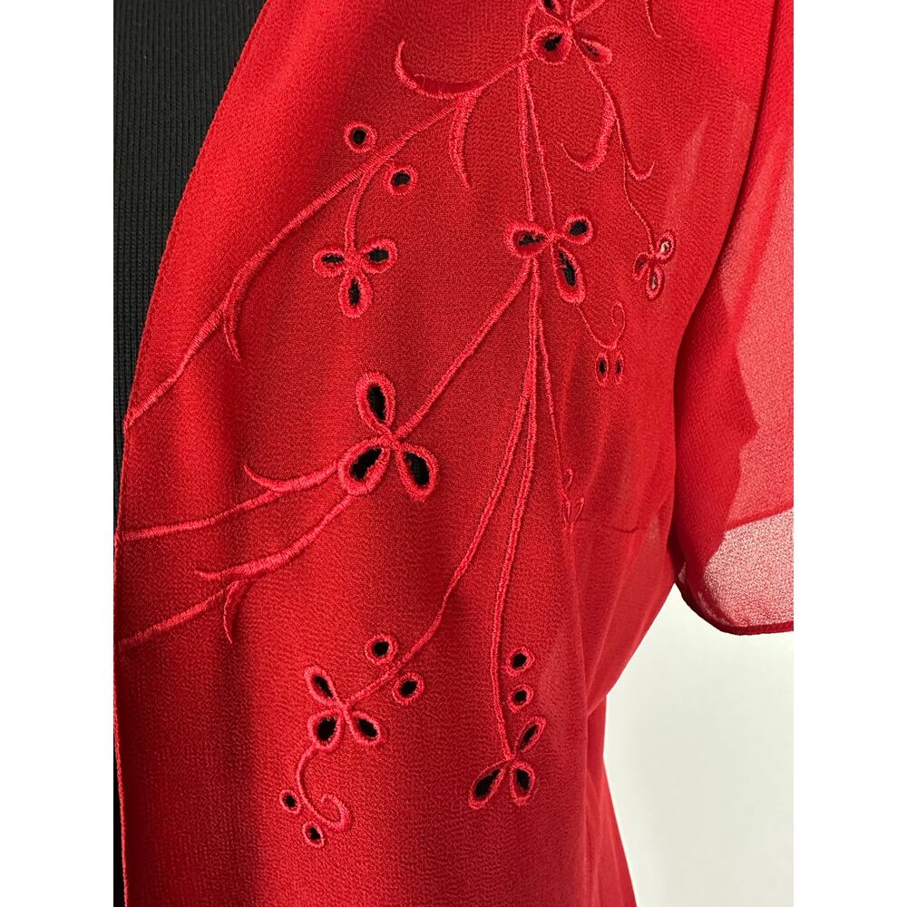 Vintage Studio I Sheer Red Embroidered Cardigan Open Front Mesh Blouse Medium 10 - Picture 3 of 8